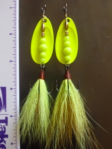 Hancrafted #5 French-Blade Inline Spinners with tied, dressed chartreuse bucktail trebles size 2. The pleasure is in the fun of making and the joy of fishing them!